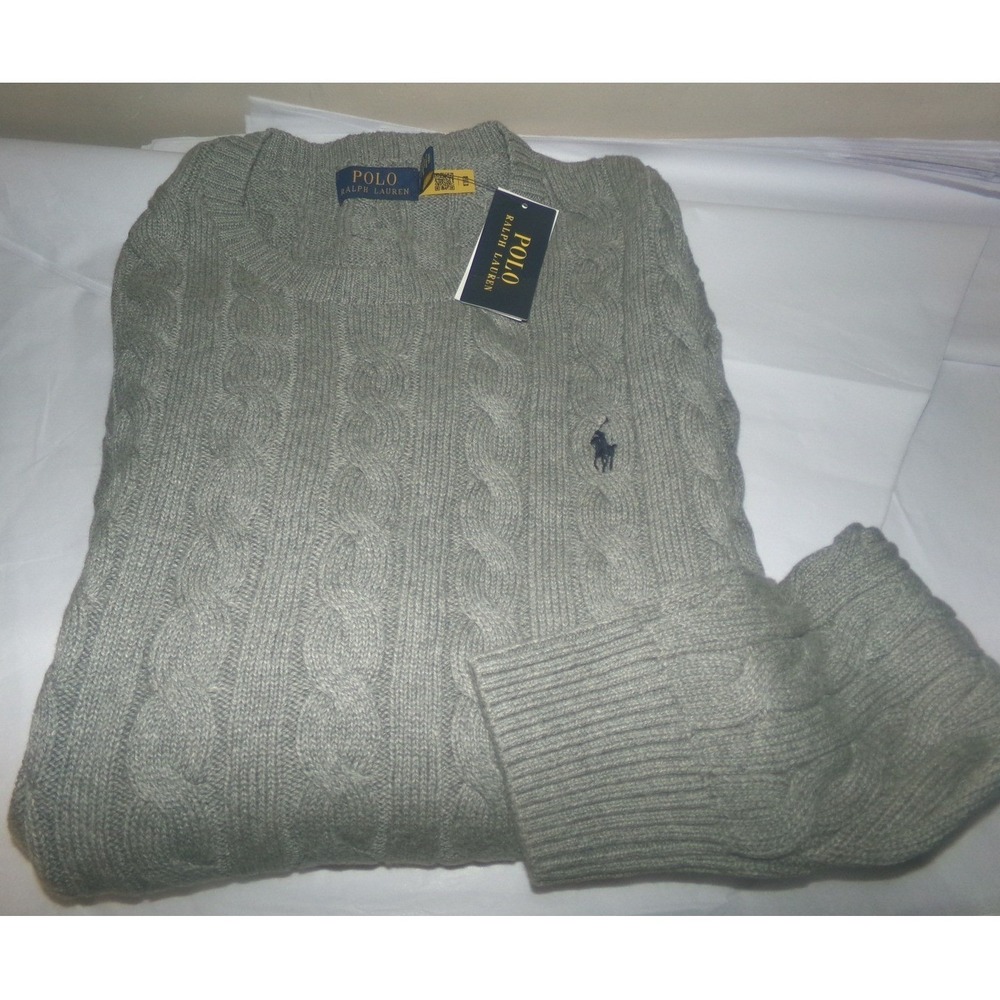 Polo Ralph Lauren Mens 2X BIG Cable Knit Cotton Sweater Gray Blue Pony Logo NWT